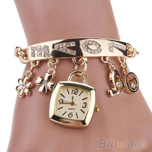 Stainless Steel Rhinestone Love Chain Bracelet With Wrist Watch and Charms